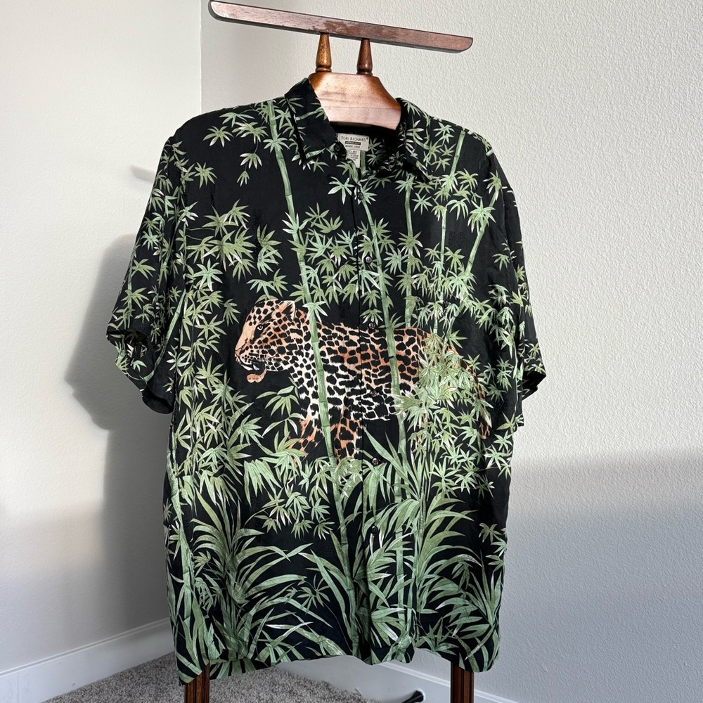 VTG Tori Richard 100% Silk Aloha Shirt XL Leopard Bamboo Jungle Hawaiian Black